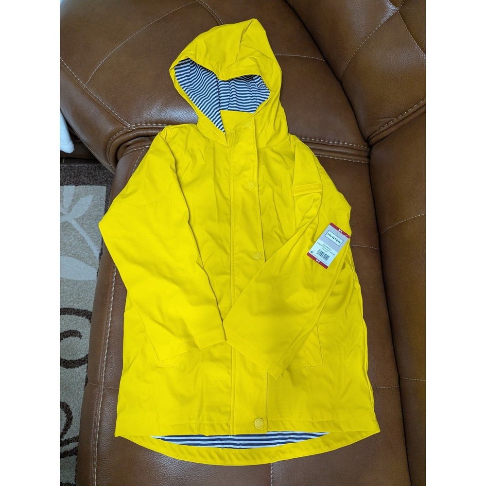 Hunter Kids Rain Jacket Yellow Hooded Waterproof Striped Lining XL 14/16 NWT
